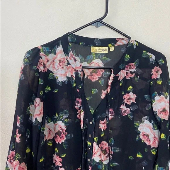 Black & Pink Sheer Floral Vera Wang Princess Blouse Medium Juniors Long Sleeve - Picture 2 of 6